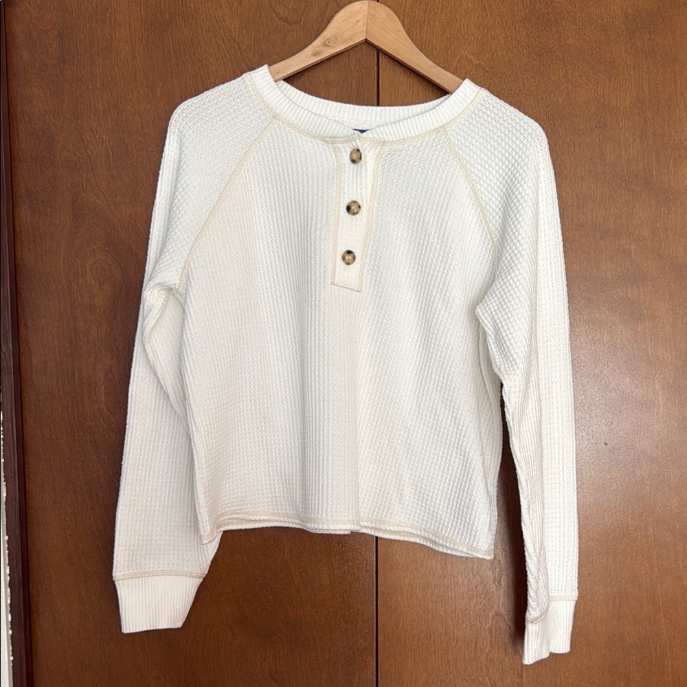 Women's Cream Button-Up Waffle Knit Top